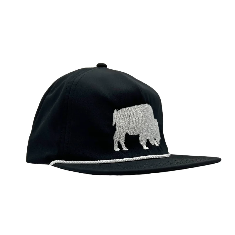 White Embroidered Buffalo With Rope Black Snapback Hat